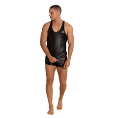 Black shiny faux leather gigo foamy tank top paired with short shorts for edgy casual wear