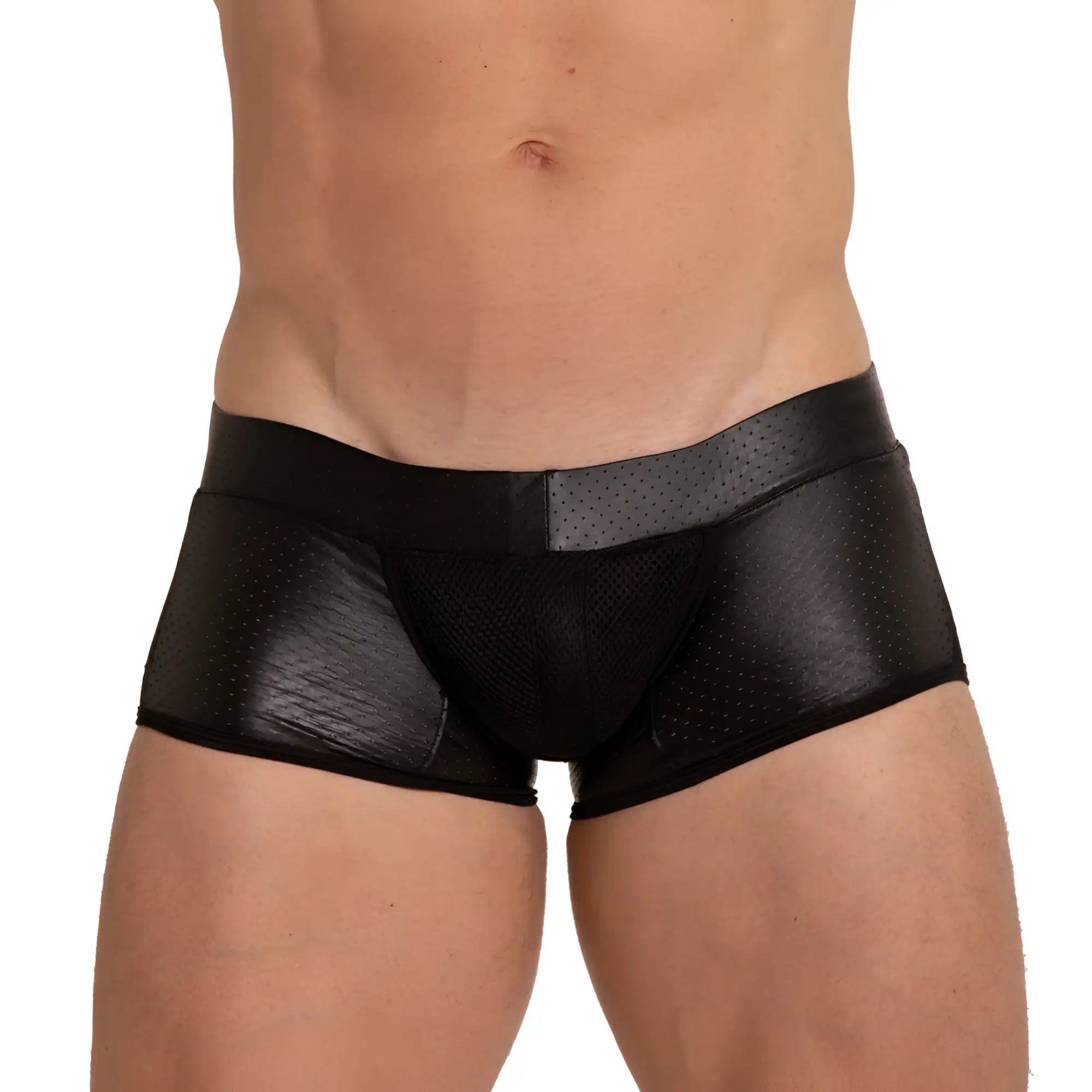 Black gigo foamy trunk faux leather briefs with perforated mesh panel on waistband shown from the front
