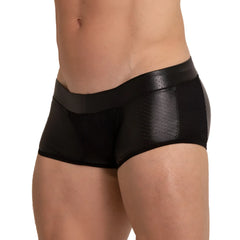 Black menâ€™s briefs gigo foamy trunk with glossy faux leather waistband and perforated mesh panels