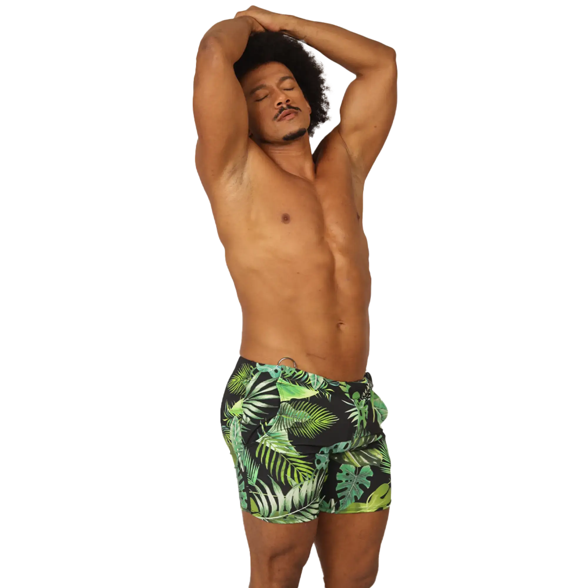 Menâ€™s black swim trunks with vibrant green and lime tropical leaf pattern from Gigo Forest Beachwear
