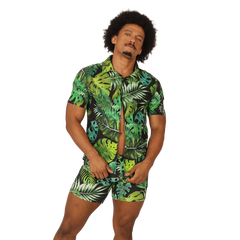 Gigo forest shirt green tropical leaf patterned short-sleeved button-up shirt and matching shorts set