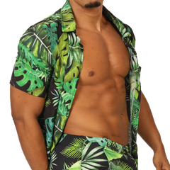 Gigo forest shirt short-sleeved button-up with vibrant green tropical leaf pattern on black base fabric