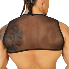 Back view of black sheer mesh gigo forest vest harness with black trim and visible tattoo on wearerâ€™s back