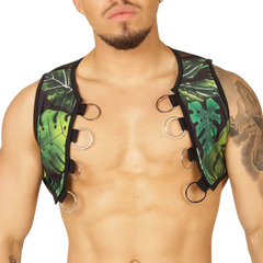 Green tropical leaf patterned gigo forest vest harness with black trim and silver metal rings for secure fit