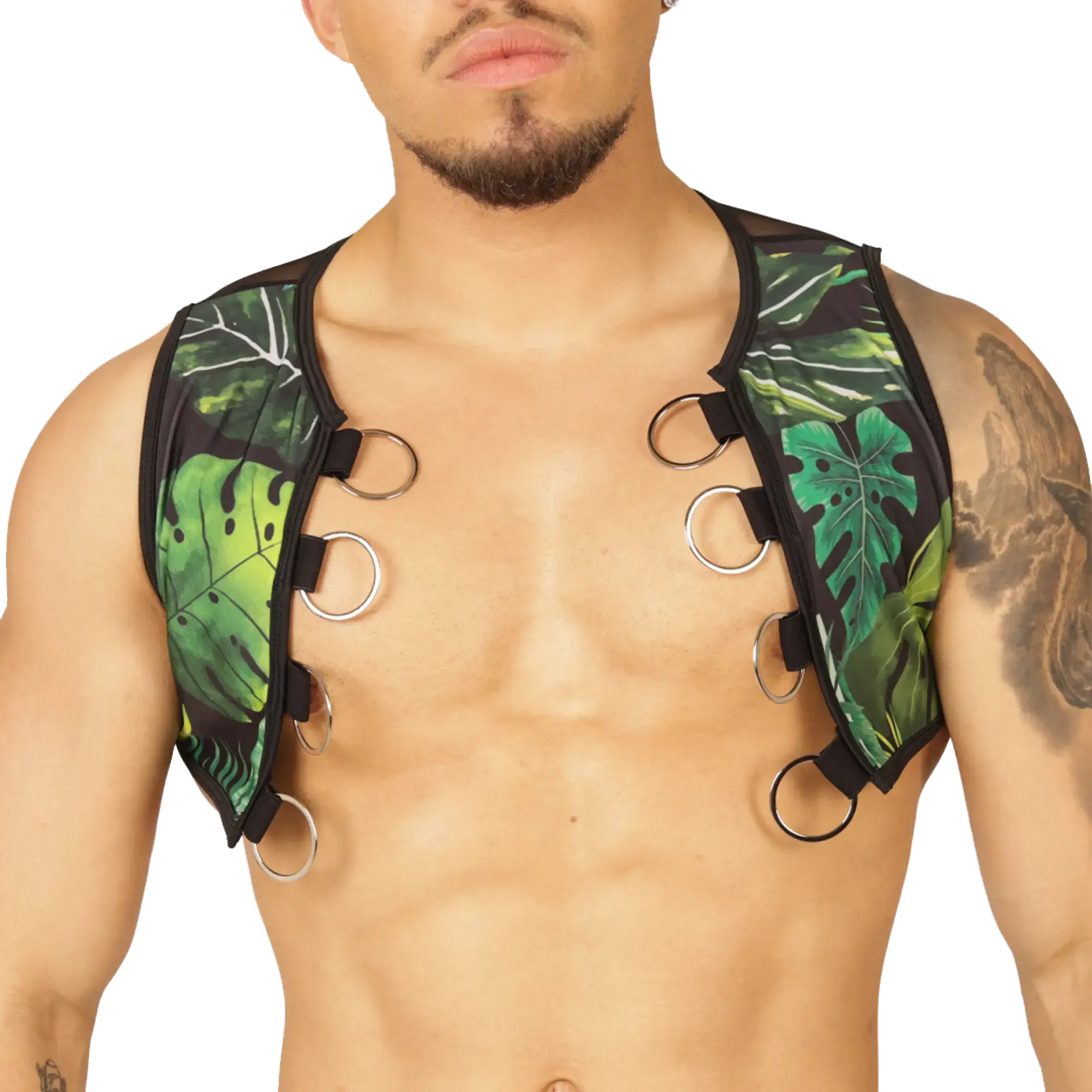 Green tropical leaf patterned gigo forest vest harness with black trim and silver metal rings for secure fit