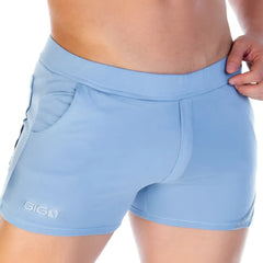 Light blue gigo forever blue gray athletic shorts with sleek form fitting design and subtle side pocket detailing