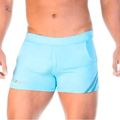 Light blue gigo forever blue ligth short athletic shorts with subtle textured side stripe and small logo near waistband