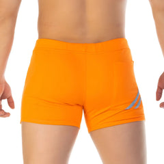Bright orange gigo forever orange short swim trunks with sleek modern design and subtle gray diagonal side stripes