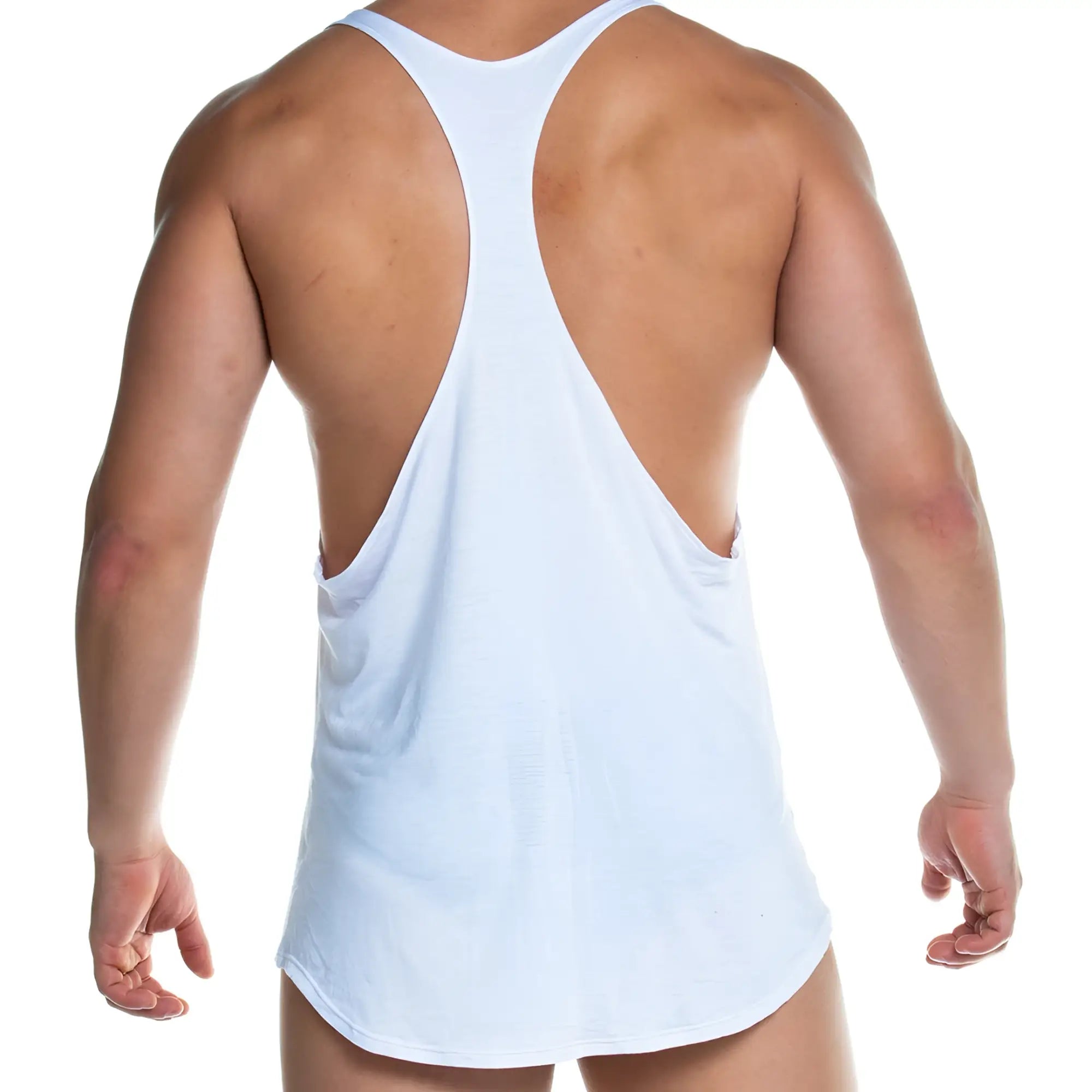 White racerback tank top gigo forever with deep back cutout and relaxed fit for casual wear shown from back side