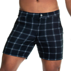 Gigo formal black square short dark navy plaid shorts with crisp white lines in a classic check pattern