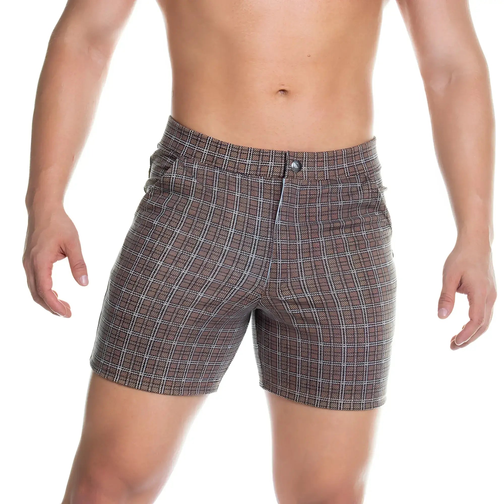 Gigo formal brown square short menâ€™s plaid shorts with button closure in brown and white for casual wear