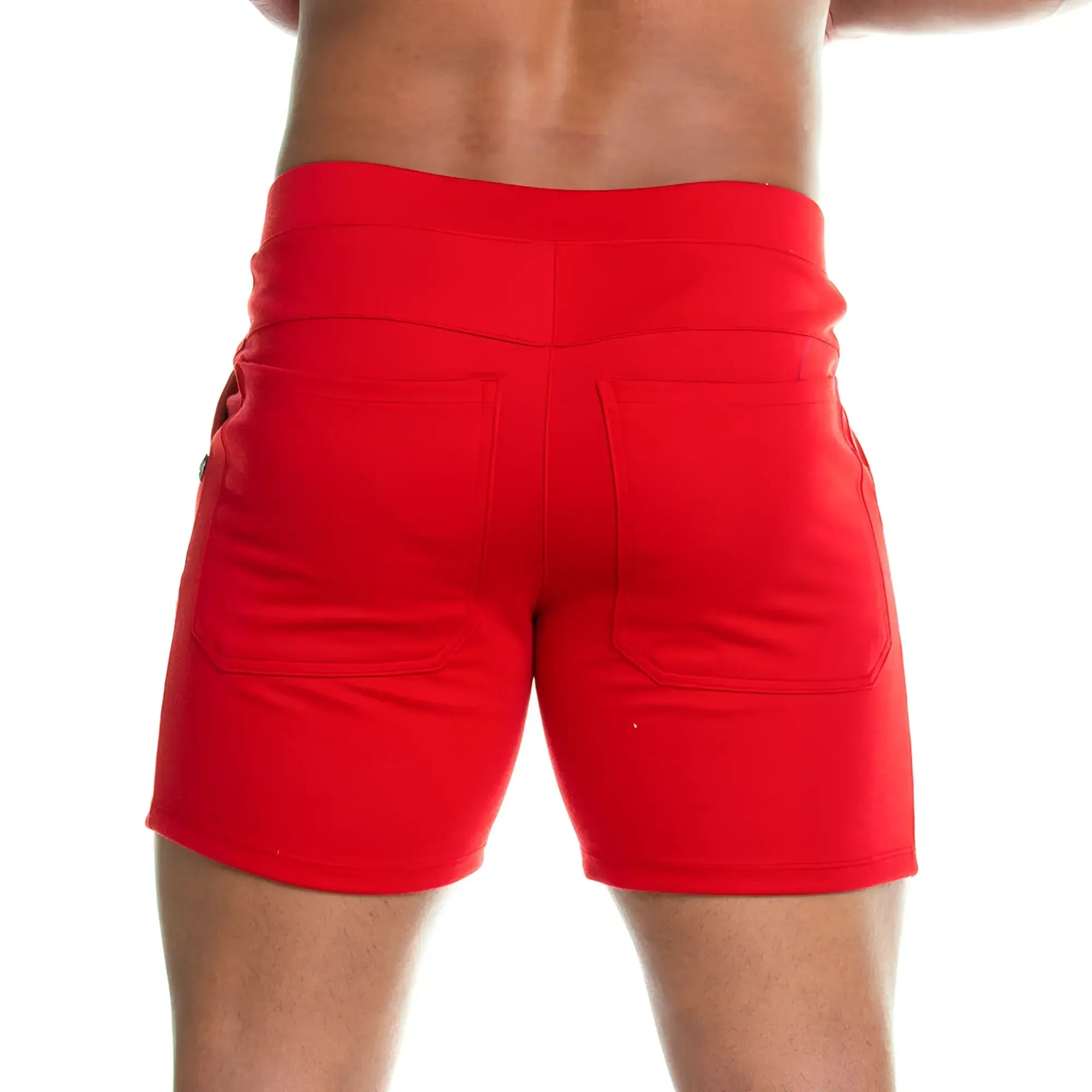 Back view of gigo formal red short high waisted athletic shorts with two rear pockets