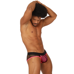 Gigo fresh fuchsia brief pink and black mesh briefs with bold polka dot pattern front view