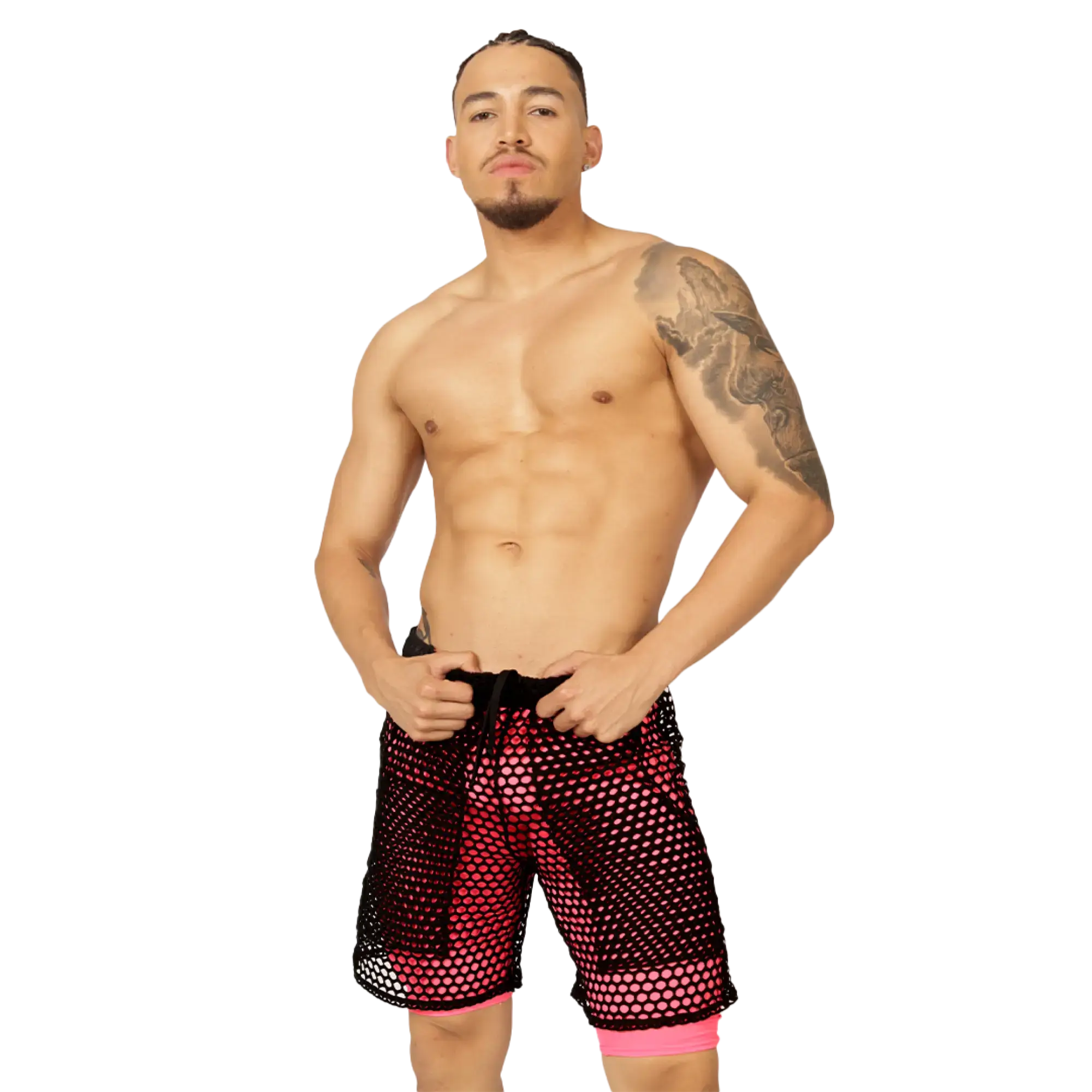 Black and pink mesh gigo fresh fuchsia short with sheer breathable design for comfortable active wear