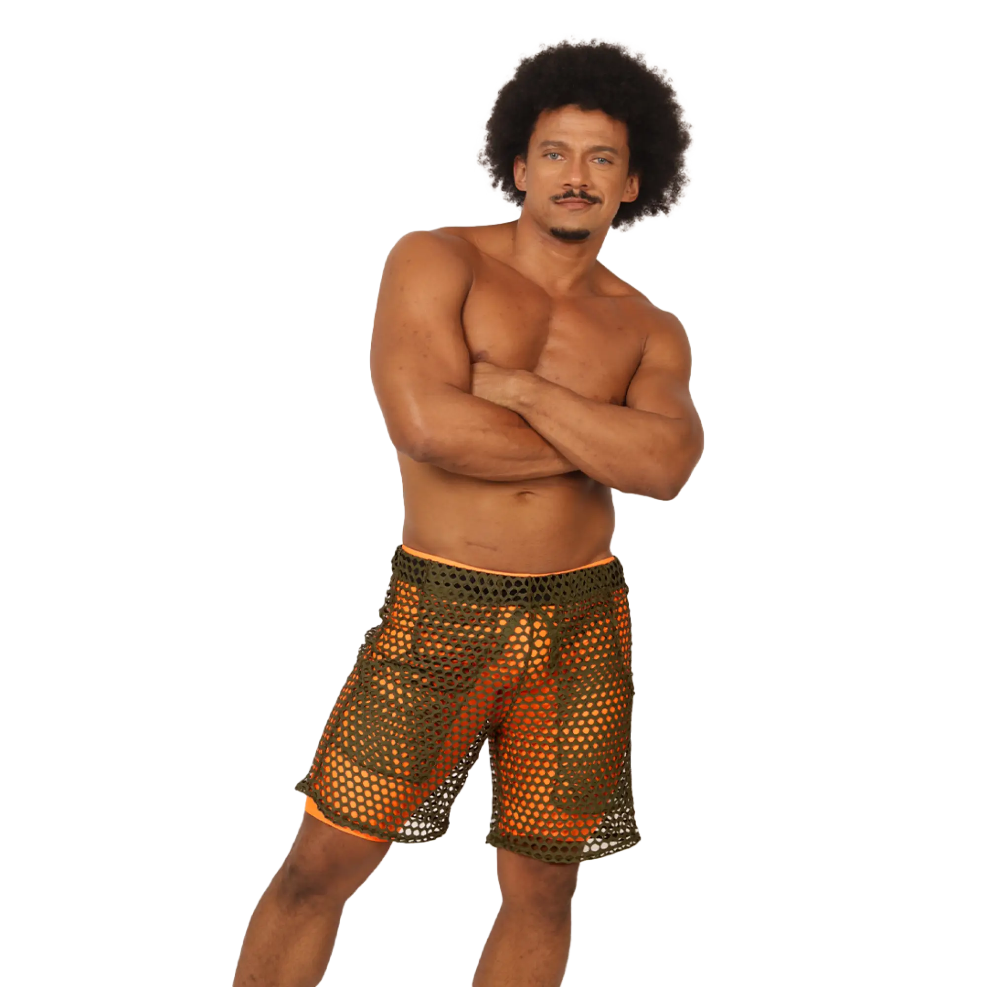 Gigo fresh orange short featuring orange and green mesh fabric with a solid orange waistband for breathable comfort