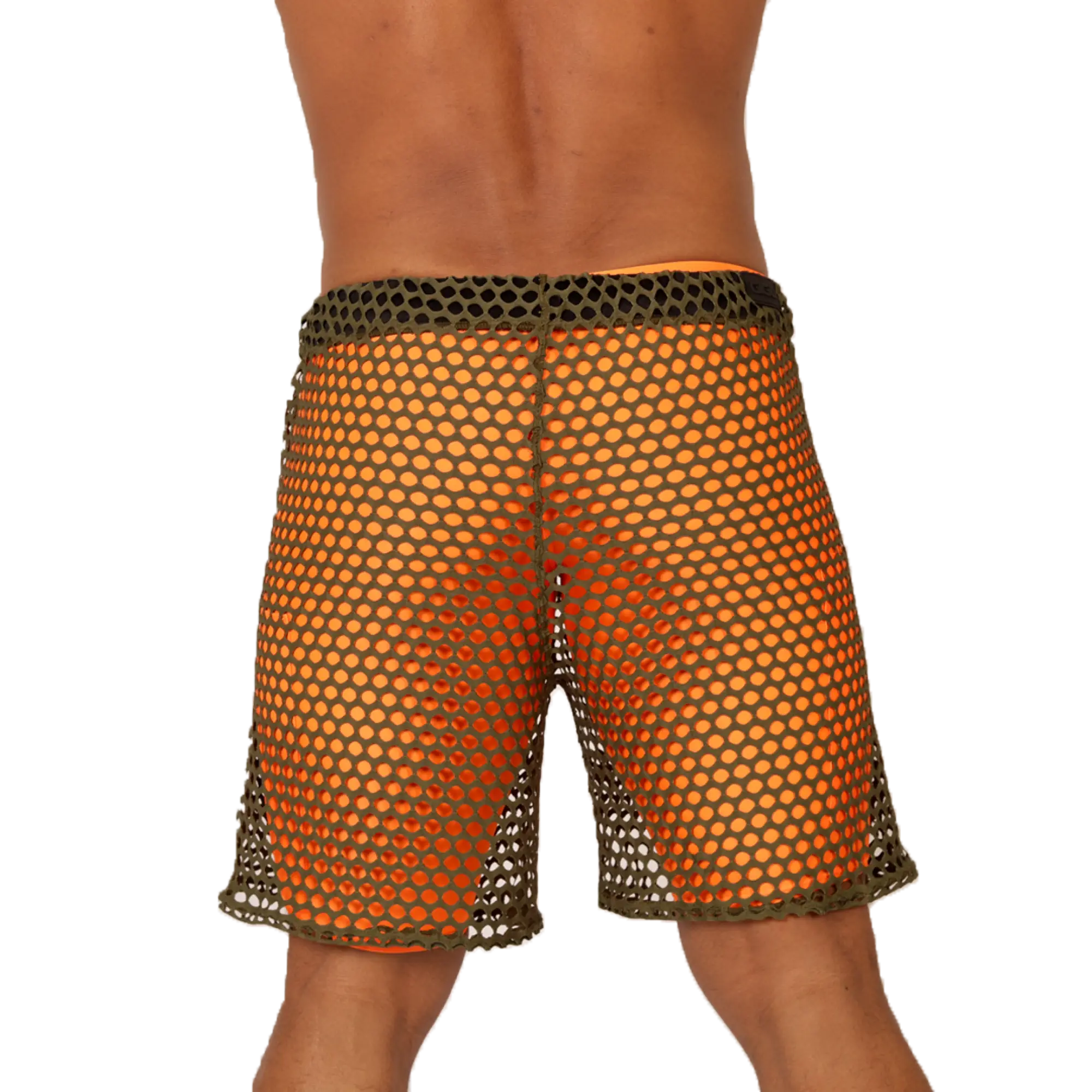 Gigo fresh orange short featuring orange mesh shorts with a dark green elastic waistband and matching trim