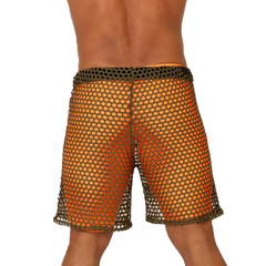 Gigo fresh orange short featuring orange mesh shorts with a dark green elastic waistband and matching trim