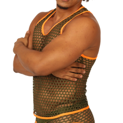 Gigo Fresh Orange Tank olive green mesh tank top with bright orange trim for breathable active wear