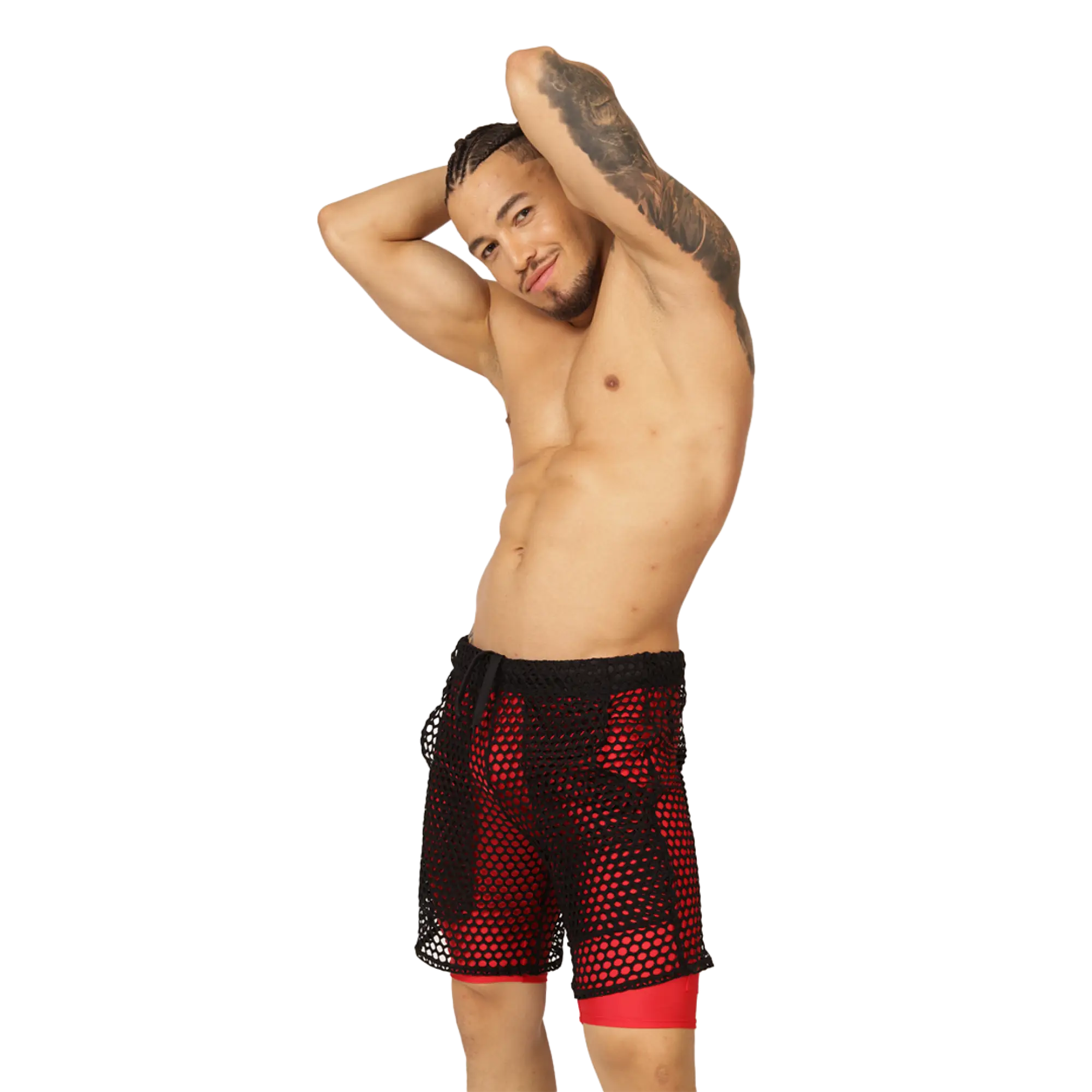Gigo fresh red short featuring red and black mesh shorts with sheer perforated design over red inner leggings