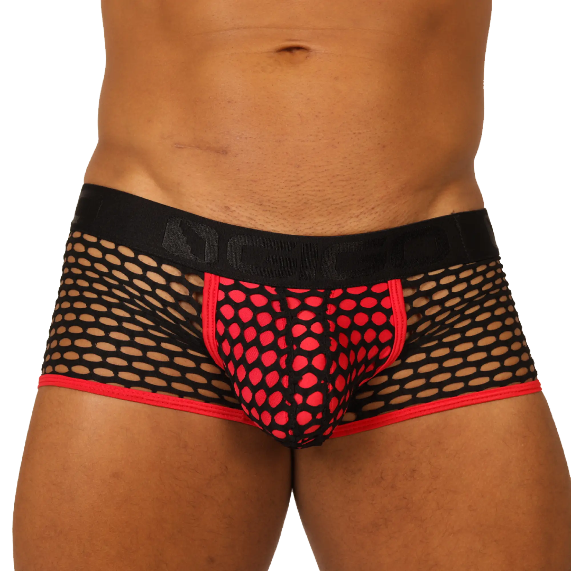 Black and red mesh briefs with bold pattern design from gigo fresh red trunk collection