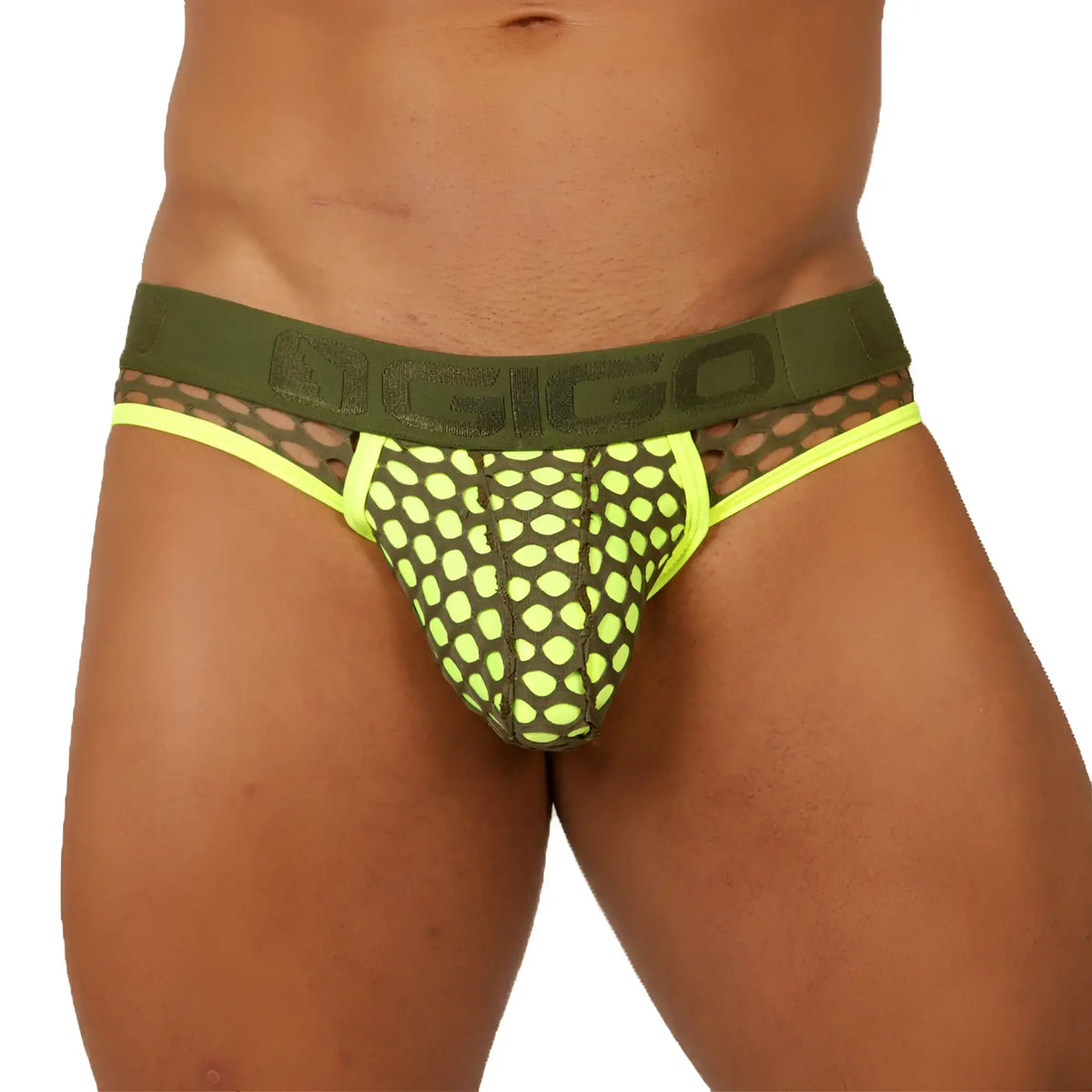 Olive green and neon yellow mesh briefs with bold agico logo on waistband in gigo fresh yellow brief jock style