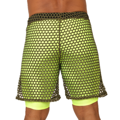 Gigo Fresh Yellow Short neon green mesh shorts with dark olive waistband over bright yellow compression shorts