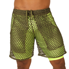 Gigo fresh yellow short olive green mesh shorts with neon yellow inner lining and matching drawstring waistband