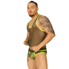 Neon green mesh tank top with black base and matching briefs from gigo fresh yellow tank set