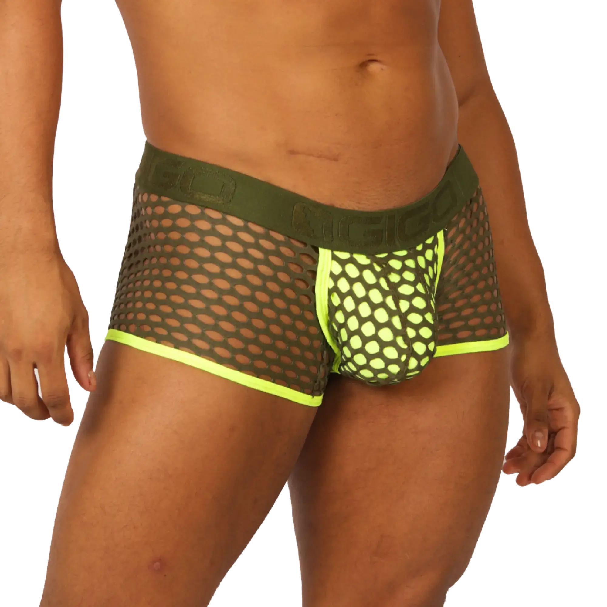 Olive green mesh briefs with neon yellow trim and bold modern design gigo fresh yellow trunk front view