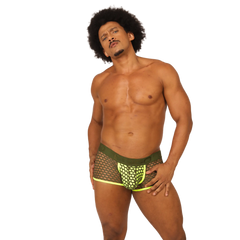 Menâ€™s green and neon yellow mesh briefs with a geometric pattern from the Gigo Fresh Yellow Trunk collection