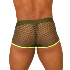 Olive green mesh briefs with neon yellow trim from the gigo fresh yellow trunk collection front view