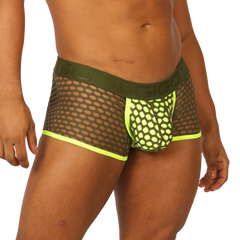 Olive green mesh briefs with neon yellow trim and bold modern design gigo fresh yellow trunk front view