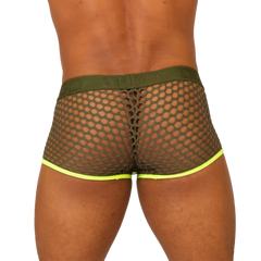 Olive green mesh briefs with neon yellow trim from the gigo fresh yellow trunk collection front view