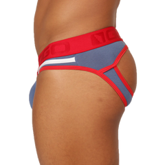 Red and blue athletic briefs with a white stripe and gigo logo waistband designed for active wear