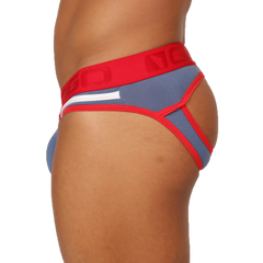 Red and blue athletic briefs with a white stripe and gigo logo waistband designed for active wear