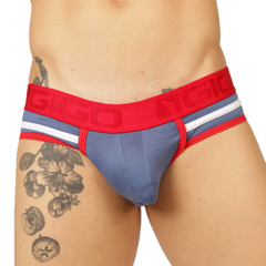Blue and red gigo garoto athletic briefs with bold red waistband and textured ngio logo in breathable fabric