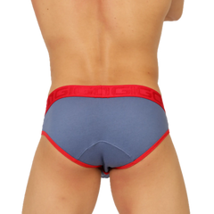 Blue and red gigo garoto brief with bold red waistband featuring repeating gigo brand name lettering
