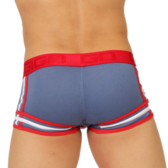 Blue athletic briefs with red and white striped trim and a bold red waistband embossed with gigo garoto brand name