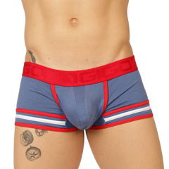 Blue and red striped boxer briefs with a bold red waistband featuring gigi branding from gigo garoto blue trunk collection