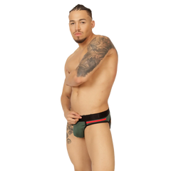 Dark green gigo garoto brief jock with black waistband and red stripe designed for athletic support and comfort