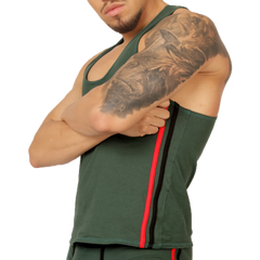 Gigo Garoto green tank athletic tank top with dark green fabric and bold red and black vertical side stripes