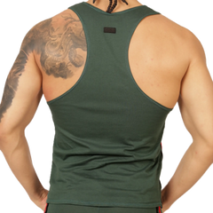 Dark green racerback tank top with a small black brand tag at the neckline from gigo garoto green tank collection