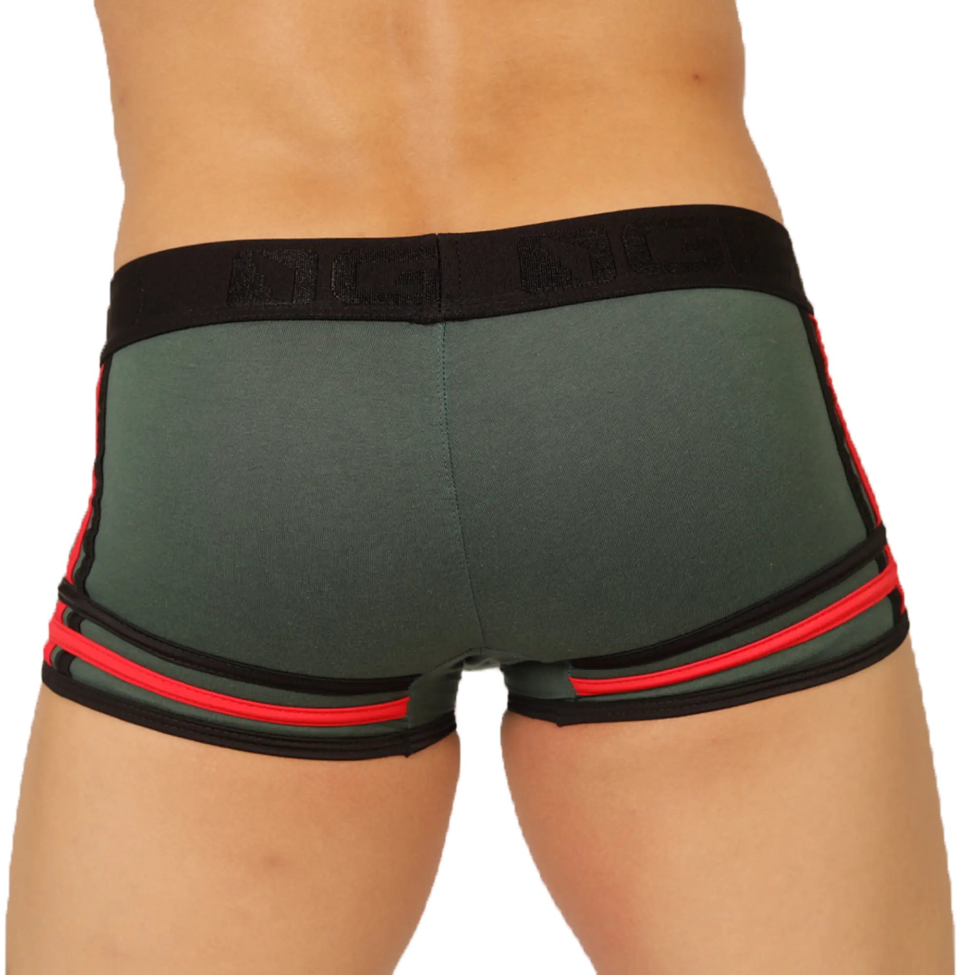 Dark green gigo garoto green trunk athletic briefs with bold red and black trim accents for active wear