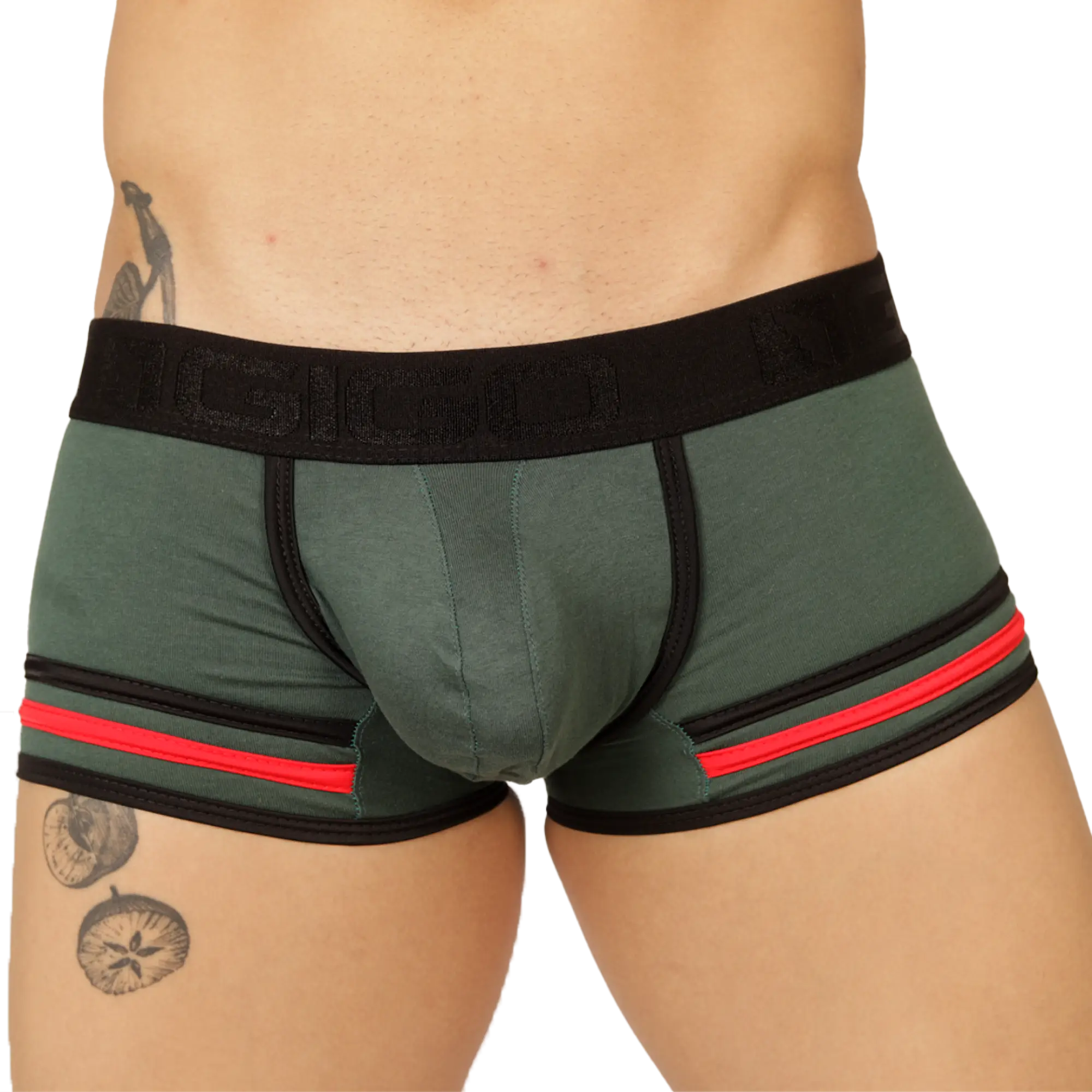 Dark green gigo garoto green trunk boxer briefs with black trim red leg stripes and elastic waistband branding