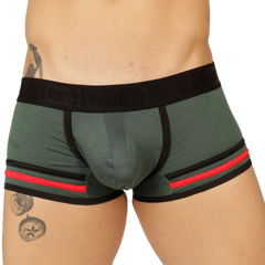 Dark green gigo garoto green trunk boxer briefs with black trim red leg stripes and elastic waistband branding