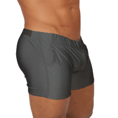 Gigo Glow gray short dark gray ribbed cotton boxer briefs with subtle vertical stripes and black branded waistband tag
