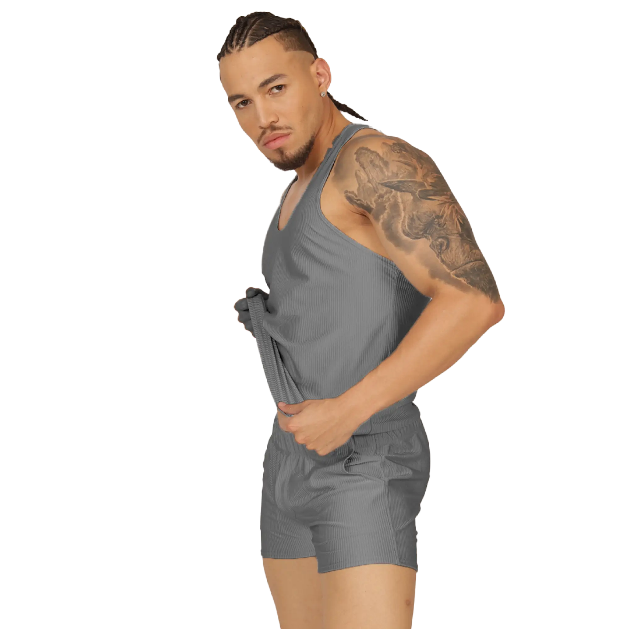 Gray ribbed tank top and matching shorts set from gigo glow gray tank in soft breathable fabric for casual wear