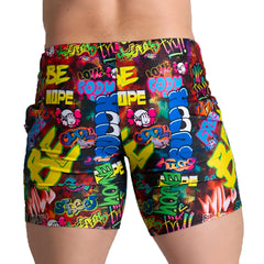 Vibrant gigo graffiti beachwear shorts with bold neon colors featuring street art typography and cartoon skulls