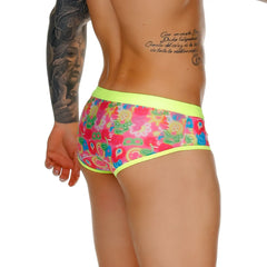 Gigo Happy Swim Trunk menâ€™s briefs with neon yellow trim and vibrant pink multicolored paisley pattern