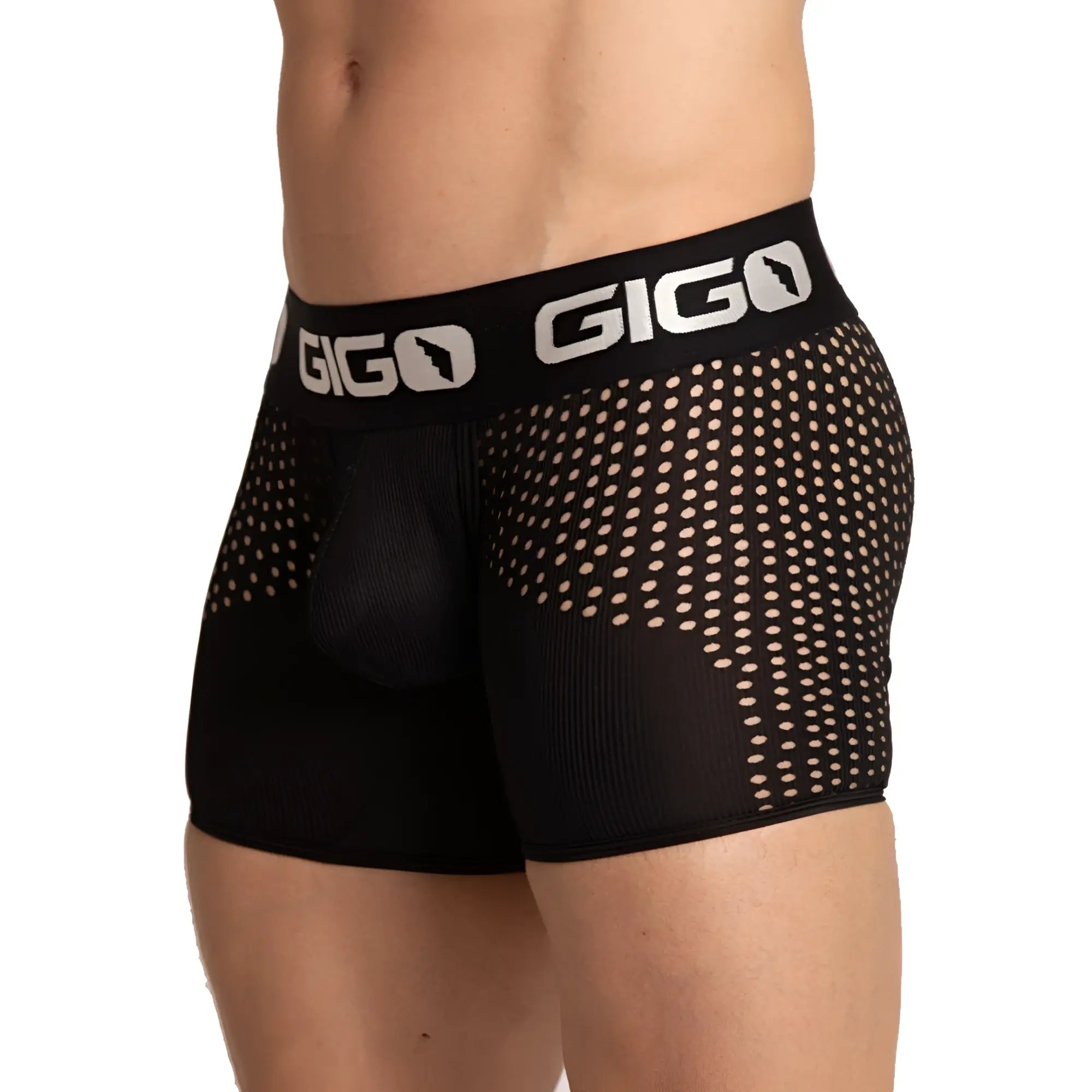 Black gigo hybrid trunk menâ€™s boxer briefs with black mesh pattern and white logo on the waistband